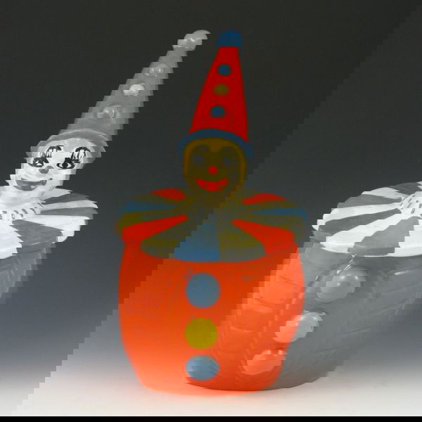 Maddux Clown Cookie Jar: Maddux clown cookie jar. Marked Maddux of Cal. 2102. The lid has areas of discoloration that are either loss of cold paint or unevenness in its application. 14 3/4" tall.