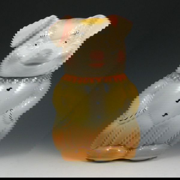 American Bisque Pig Cookie Jar & Bank - Excellent: American Bisque pig with hands in pockets cookie jar with bank lid. Marked USA. Excellent condition. 10 1/2" tall.