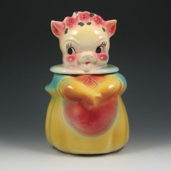 American Bisque Pig w/ Flowers Cookie Jar: American Bisque pig with flowers cookie jar. Unmarked. Some stained crazing at the base, otherwise excellent. 11 3/8" tall.