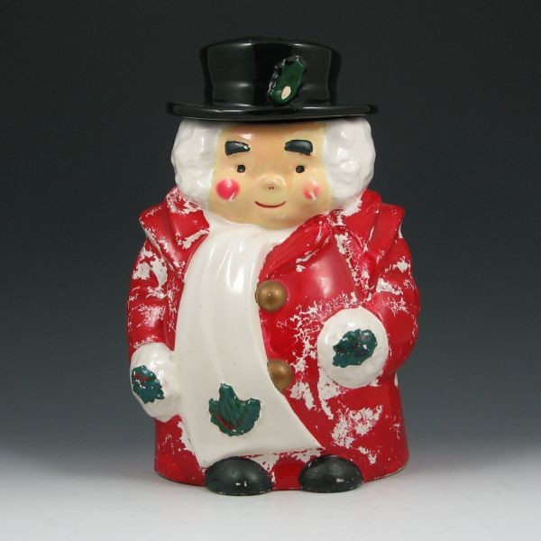 Uncle Mistletoe Cookie Jar: Uncle Mistletoe cookie jar. Unmarked. Lid has a hairline and chips. The base has signficant loss of cold paint. 12" tall.