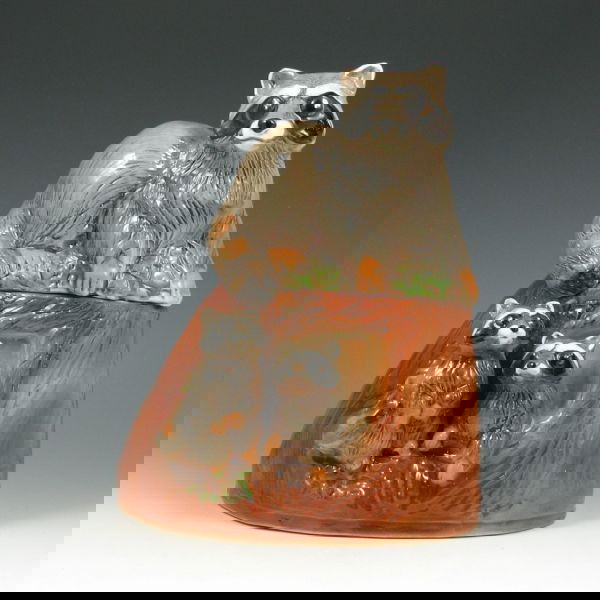 Rick Wisecarver Raccoon Family Cookie Jar - Mint: Rick Wisecarver raccoon family cookie jar. Marked Wihoa's Original Cookie Classic By Rick Wisecarver Richard Sims R-3-86 and signed Rick Wisecarver. The lid is marked No 3 86. Mint. 9 3/8" tall.