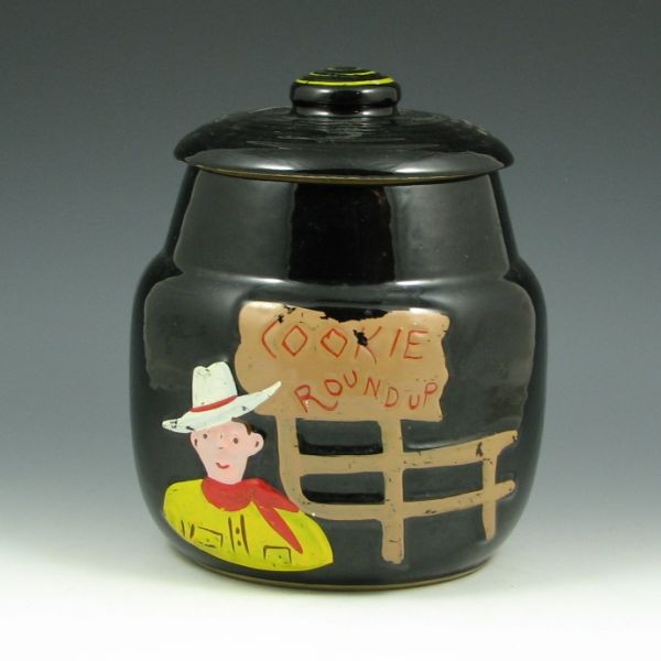 Cookie Roundup Cookie Jar - Excellent: Cookie roundup cookie jar with cowboy. Unmarked. Excellent condition with some minor losses of cold paint. 8 1/2" tall.