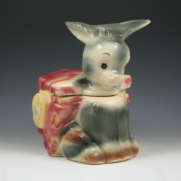 Brush Donkey & Cart Cookie Jar - Excellent: Brush donkey (ears up) and cart cookie jar in multicolored semi-matte. Marked W33 Brush USA. Excellent condition. 10 1/2" tall.