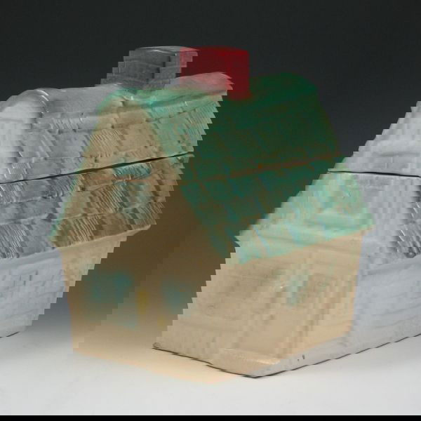 Brush Cookie House Cookie Jar: Brush cookie house cookie jar. Marked W-31 Brush USA. Chip to edge of lid, hairline to rim of base. 10 1/4" tall by 9" long.