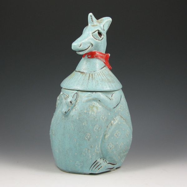 McCoy Kangaroo Cookie Jar - Excellent: McCoy matte blue kangaroo cookie jar. Marked McCoy USA. Excellent condition with some loss of cold paint. 12 1/4" tall.