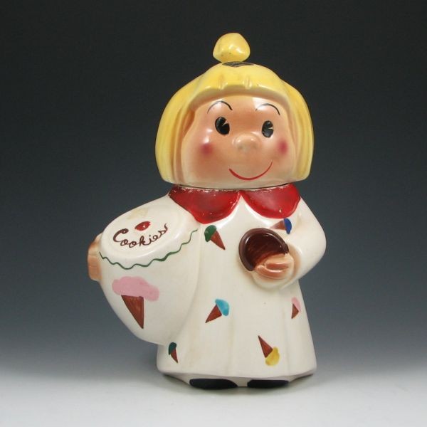 Starnes Dolly Cookie Jar w/ Label: Starnes of California Dolly cookie jar. Marked with partial label. Some loss of cold paint, otherwise excellent. 12 1/4" tall.