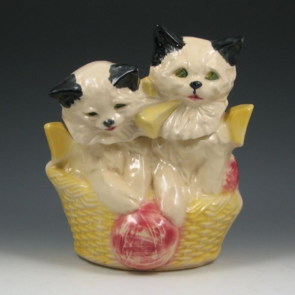 McCoy Two Kittens Cookie Jar: McCoy two kittens in a basket cookie jar. Marked McCoy USA. There is a segment of the lid's insertion sleeve missing. 10" tall.