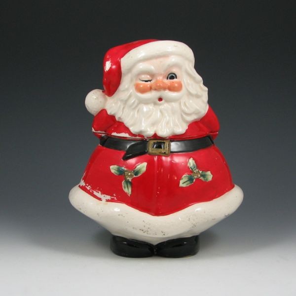 Santa Cookie Jar: Santa Claus cookie jar. Marked Japan. Loss of cold paint. 10" tall.