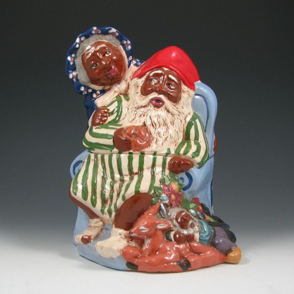 Rick Wisecarver Santa & Mrs. Claus Cookie Jar Mint: Rick Wisecarver Black Santa and Mrs. Claus cookie jar. Signed Rick Wisecarver No-91-94 RS. Mint. 11 3/4" tall.