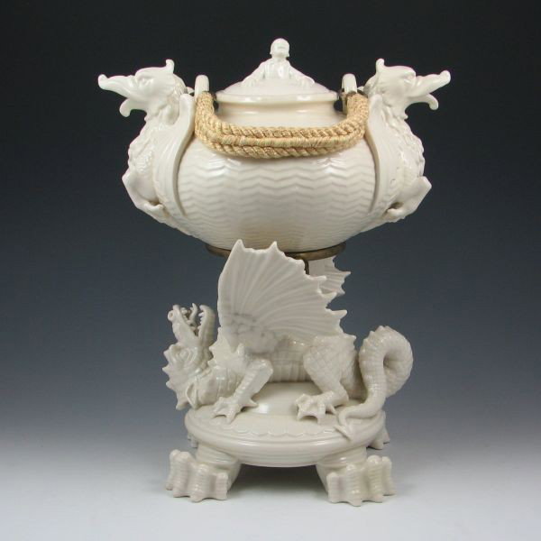 Belleek Chinese Kettle On Stand - 1st Black & Reg.: Belleek Chinese large tea kettle on stand. The base is marked with a black 1st Mark (1863-1890) and raised British Registry mark. The teapot is marked the same, although the Registry mark is black. Pr