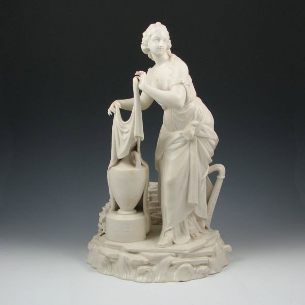 Belleek Figure Of Erin - 1st Black: Belleek Figure of Erin, "symbolizing the dawning of the Pottery" (Belleek Irish Porcelain by Marion Langham, p. 5). Marked twice with black 1st Marks (1863-1890), although one is faint. There is loss 