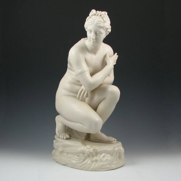Belleek Crouching Venus Figure - 1st Black & Imp.: Rare Belleek Crouching Venus figure. Marked with two black 1st Marks and three impressed 1st Marks (1863-1890). Mint. For the sake of accuracy, Venus' left pinky finger has a factory line to it, which