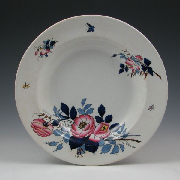 Belleek Earthenware 10 1/2" Low Bowl - 1st Impress: Belleek Earthenware low bowl with colorful floral decoration. Marked with impressed 1st Mark (1863-1890, an impressed harp mark and impressed numbers. Excellent condition. 10 1/2" in diameter.