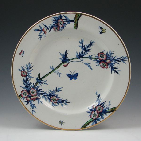 Belleek Earthenware 10 1/2" Plate - 1st Black: Belleek Earthenware plate with colorful Asian-inspired decoration. Marked with black 1st Mark (1863-1890), an impressed harp, blue British Registry mark and blue Thorn mark. Excellent condition. 10 1/