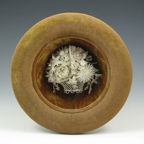 Belleek (Attr.) Floral Basket In Display Frame: Remarkably intricate Belleek (attribution) floral basket in display frame. The piece has not been inspected outside of the frame, so it is unknown if it is marked. Some small amounts of glue are visib