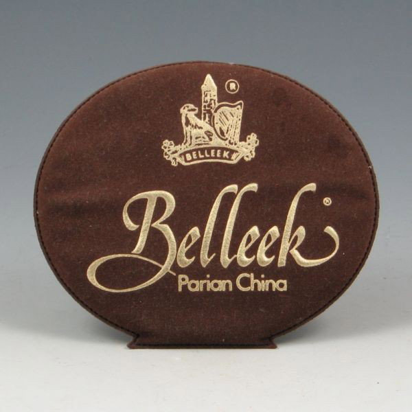 Belleek Parian China Velour Sign: Belleek Parian China velour dealer sign. Excellent condition. 3 3/4" tall by 4 5/8" wide.