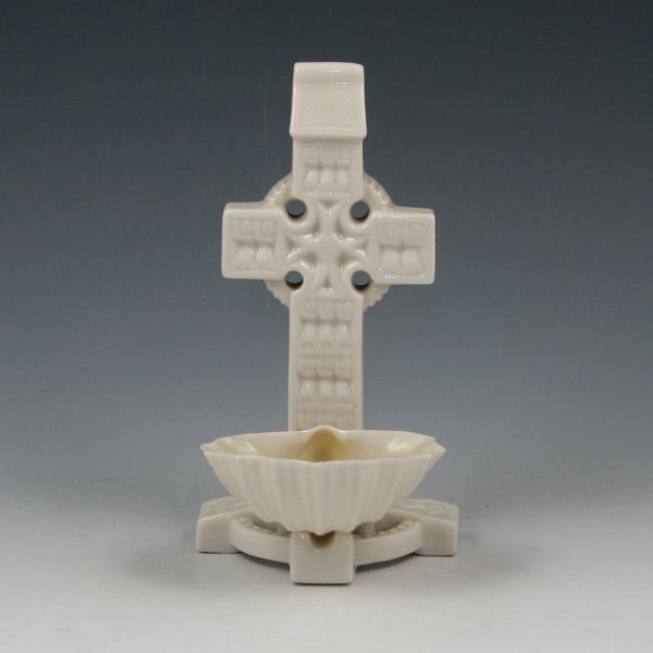 Belleek Celtic Cross Font - 2nd Black: Belleek Celtic Cross water font. Cob Lustre to the interior of the shell. Marked with black 2nd Mark (1891-1926). Excellent condition with some lightening to the Cob Lustre. 5 7/8" tall.