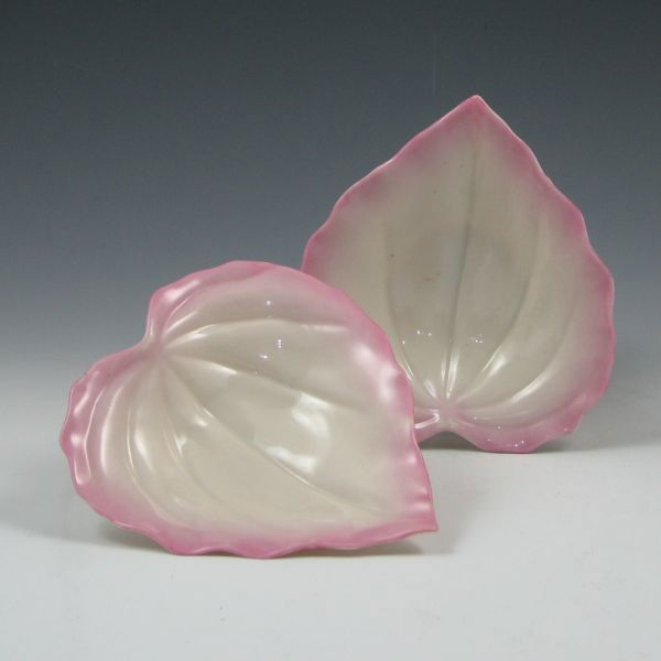 Belleek Erne Leaf Plates (2) - 2nd Black: Two Belleek Erne leaf plates. Pink tint. Both are marked with black 2nd Marks (1891-1926). Mint. 5 5/8" long.