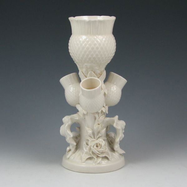 Belleek Thistle Vase - 3rd Black: Belleek Thistle vase. Marked with black 3rd Mark (1926-1946). Few minor losses to the rose petals. 8 7/8" tall.