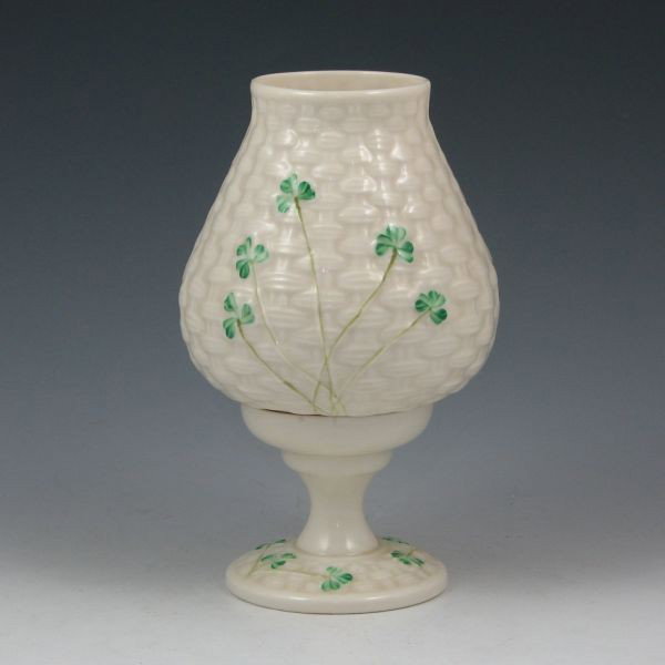 Belleek Shamrock Votive Candle Lamp - 7th Brown: Belleek Shamrock votive candle lamp. Marked with brown 7th Mark (1981-1992). Couple of flakes to rim of base. 6 3/8" tall.