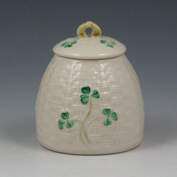 Belleek Shamrock Jam Jar - 7th Brown: Belleek Shamrock jam jar. Marked with brown 7th Mark (1981-1992). Mint. 3 5/8" tall.