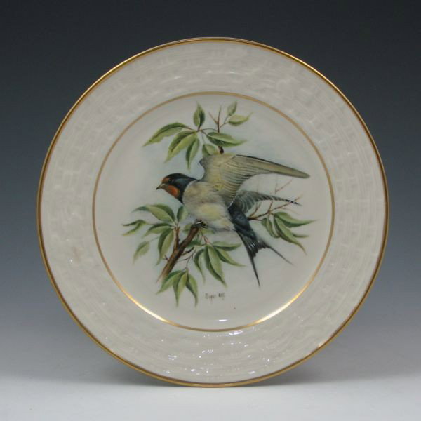 Belleek Lady Langham Swallow Plate - 8th Blue: Belleek Lady Langham Bird Series Swallow plate by Bryan Cox. Marked with blue 8th Mark (1993-1998). Mint. 8 5/8" in diameter.