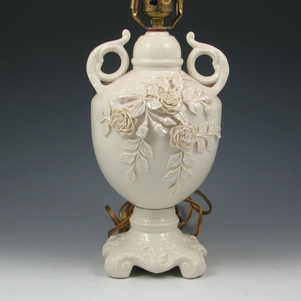 Belleek Rose Isle Lamp - 8th Blue: Belleek Rose Isle lamp with Mother of Pearl lustre applied decoration. Marked with blue 8th Mark (1993-1998) and original label. Mint. Pottery portion is 10 3/4" tall with a total height of 19 1/2".