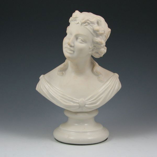 Belleek Bust Of Joy - Blue Ribbon Mark: Belleek Bust of Joy. The bottom is covered in green felt with a gold mark and original Bust Of Joy Pearl label and there is a blue Belleek Ireland ribbon mark on the side of the base (circa 1990s). Ex