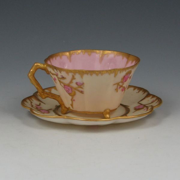 Thorn Tea Cup & Saucer - Mint: Thorn (after Belleek) tea cup and saucer with pink, gold and ivory finish. Unmarked. Mint. 5 3/8" wide by 2 1/8" tall.
