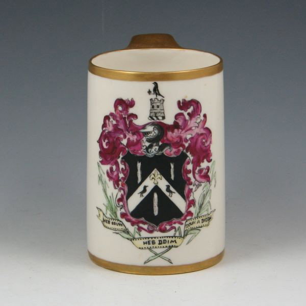 Willets American Belleek Crest Mug - Excellent: Willets American Belleek crested mug. Marked with dark brown snake mark and signed and dated MEL 1906. Excellent condition. 4 1/2" tall.