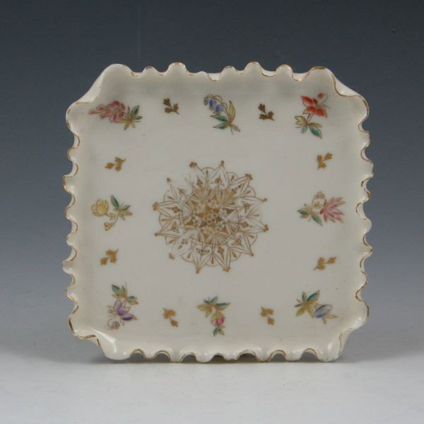 Willets American Belleek Tray: Willets American Belleek floral tray. Marked with red snake mark. Minute nicks to rim. 5 1/8" square.