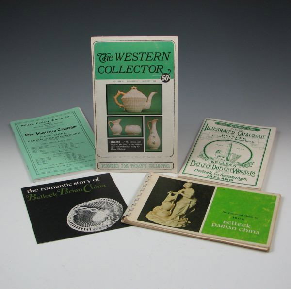 Belleek Ephemera Lot: Lot of Belleek ephemera including An Illustrated Guide to Irish Belleek Parian China, two illustrated catalogs of Bellek, a Wetern Collector from 1968 and a small Belleek pamphlet. Very good to excell