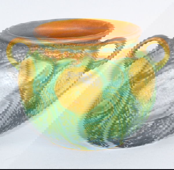 Roseville Sunflower 566-4" Vase - Mint : Roseville Sunflower 566-4" vase with two loop handles. Unmarked. Mint. 4" tall by 5 3/4" wide.