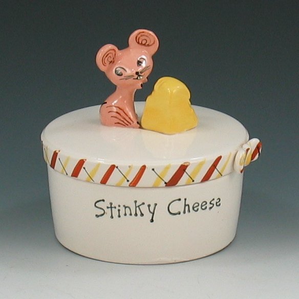 Holt Howard 1958 Stinky Cheese Covered Jar - Mint : Holt Howard stinky cheese covered jar with mouse and cheese. Marked Holt Howard Copyright 1958 in green ink. Mint. 4 1/2" tall.