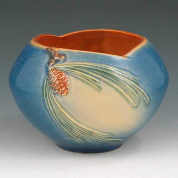 Roseville Pine Cone 441-4" Rose Bowl - Mint : Roseville Pine Cone rose bowl in blue. Marked Roseville USA 441-4". Mint. 6 1/4" wide by 4" tall.