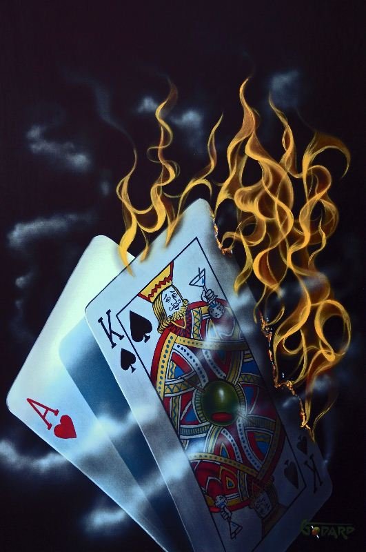 Burning Blackjack by Michael Godard - Fine Art Print -: "Burning Blackjack" by Michael Godard - Fine Art Print - Still Life. This Fine Art Print measures approx. 29.5H x 20W Inches as shown. This item has been certified authentic and ships with a Certifica