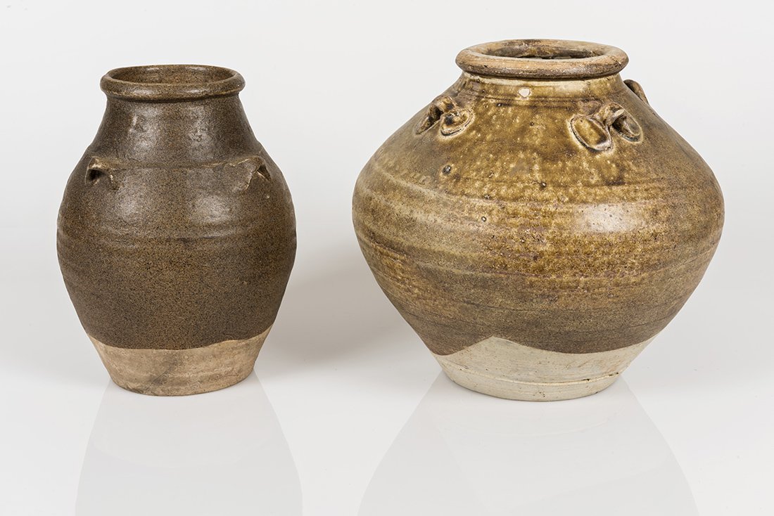 Yuan or Ming Chinese Stoneware Jars: CHINESE STONEWARE JARS YUAN/MING DYNASTY 13-15TH CENTURY 9.25” X 9.5” AND 9.25” X 6” ACQUIRED IN THE PHILIPPINES CIRCA 1958 Provenance: Anthony "Tony" Stoner Collection and by descent through 