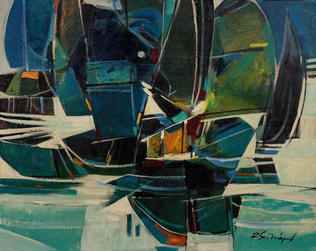 Roger San Miguel (B. 1940) Sailboats: ROGER SAN MIGUEL (FILIPINO B. 1940) UNTITLED, SAILBOATS OIL ON CANVAS SIGNED LOWER RIGHT 13.5” X 8” 18.75” X 14.75” WITH FRAME Good condition Provenance: Anthony "Tony" Stoner Collection and b