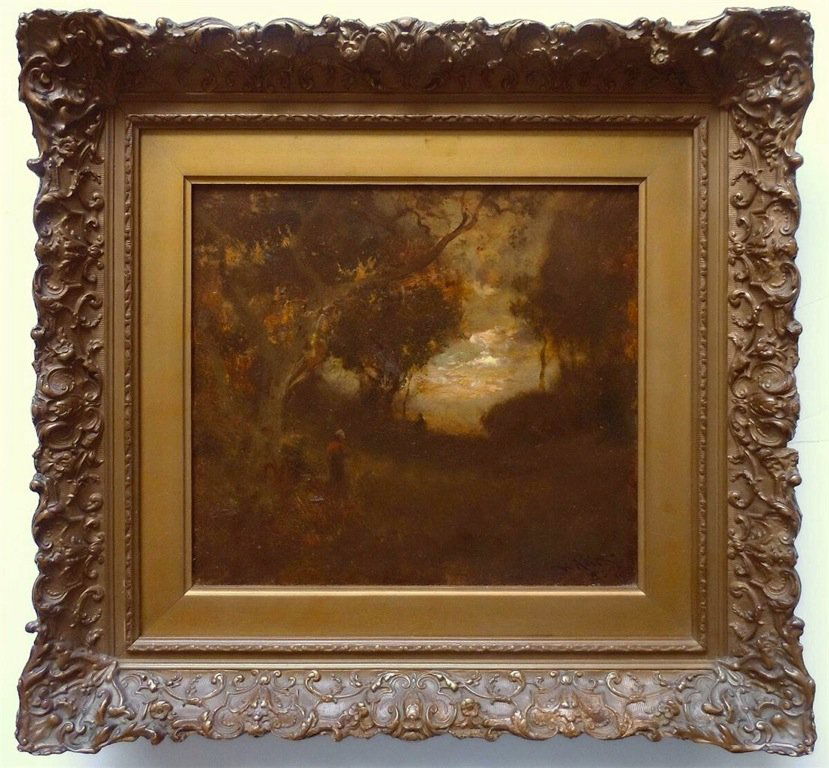 William Keith (California 1838 - 1911) O/B Landscape: William Keith (California 1838 - 1911)Landscape with Figures, Circa 1880 11 x 12 inches - painting18 1/2 x 19 1/2 - frameSigned lower right: "W. Keith, SF"