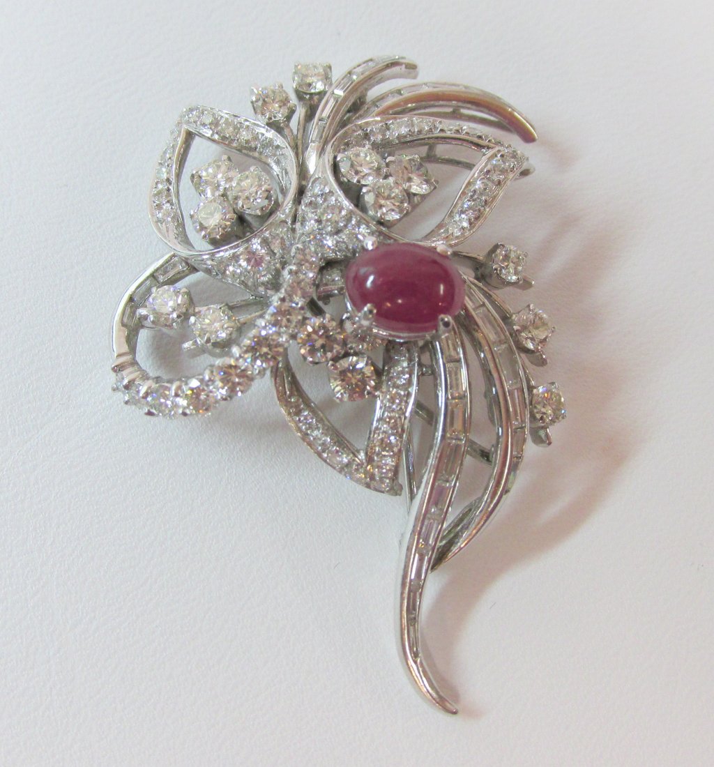 Ruby Diamond 14K White Gold Floral Design Brooch (1 of 1)