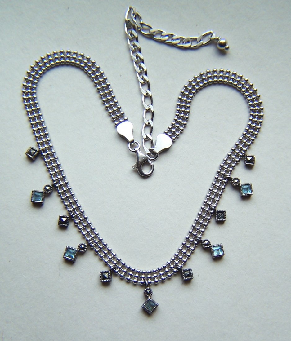 MILOR sterling silver marcasite blue topaz necklace: measures 16" long with 1/4" to 7/16" long drops crafted with 3x3mm blue topaz & 2x2mm marcasite, weights 14.3 grams, marked 925 Italy mil or, in great condition.