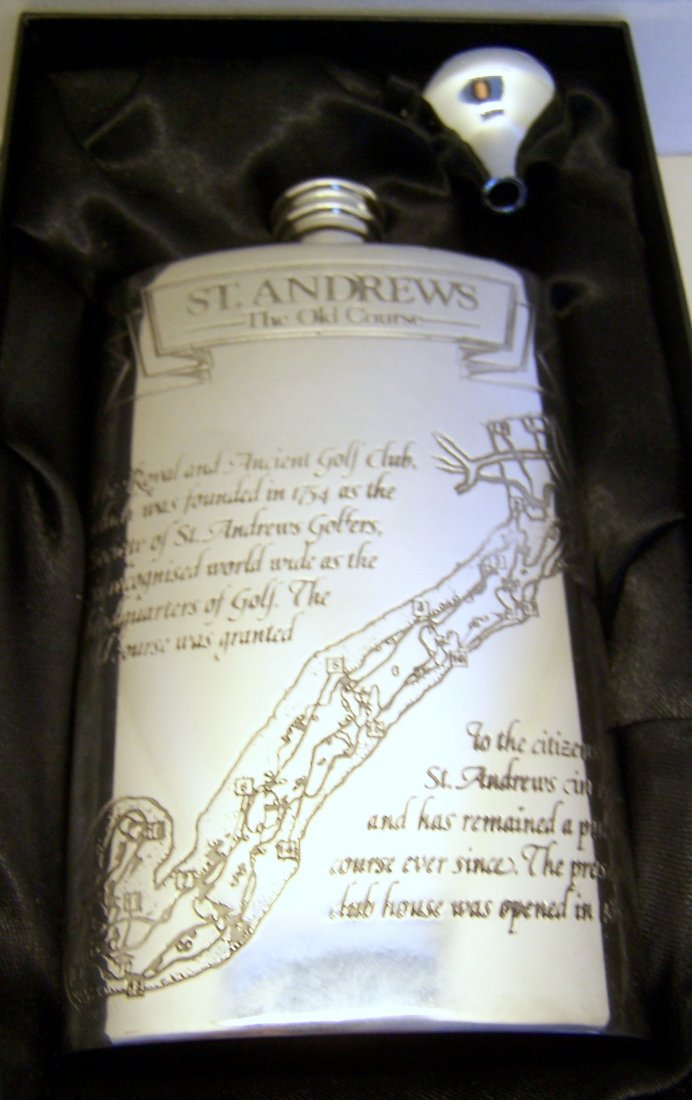 Hip Flask St Andrews The Old Golf Course Fairway Map: this Hip Flask St Andrews The Old Golf Course Fairway Map 8oz, is crafted in pewter, in brand new condition with box