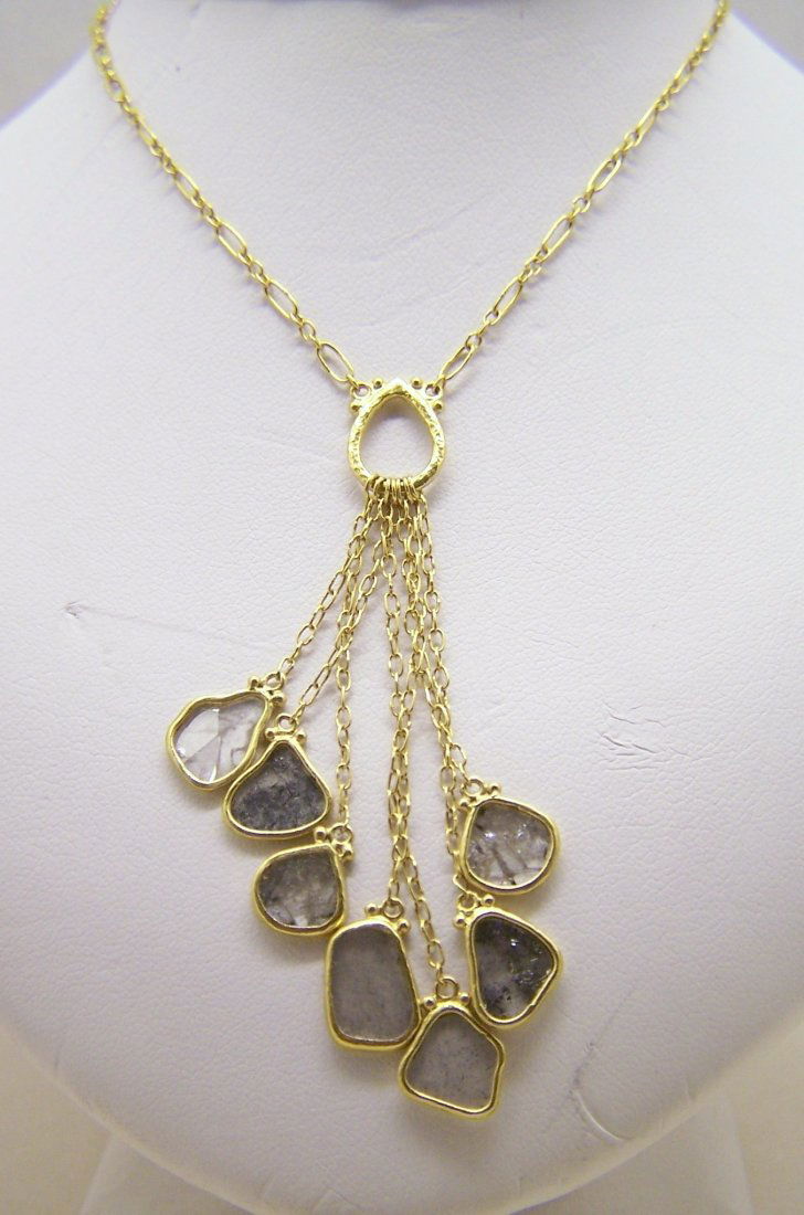 GURHAN 24k gold 6ct rose cut diamond lariat necklace: measures 18 1/4" long with a 2 7/8" long rose cut diamond drops, the rose cut diamonds measures from 8x7mm to 10x7mm, approximately 6 to 7 carats of diamonds, weights 9.7 grams, marked Gurhan nz061 0.