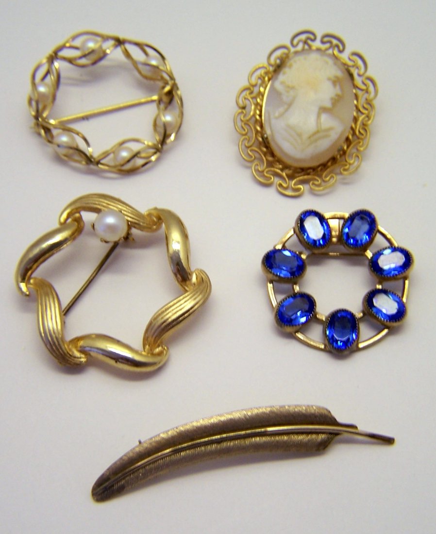 5 Art Deco gold filled pearl rhinestone cameo brooch: you are bidding on 1 - 1 1/2" with 6mm cultured pearl, 1 - 1 1/4" with 5mm cultured pearl, 2 1/4" long HSB 12k gf, 1 - 1 9/16" long shell cameo, 1- 1 3/16" Catamore 12k gf blue rhinestone, in great co