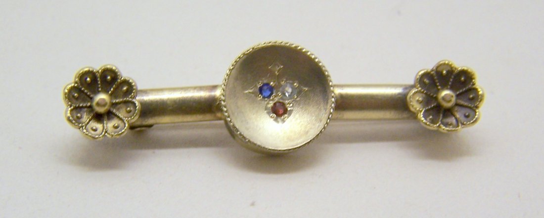 Victorian Pinchbeck 14k gold tone paste brooch pin: measures 2 2/8" long by 5/8" wide, crafted with 2mm paste, weights 8.6 grams, in good condition.
