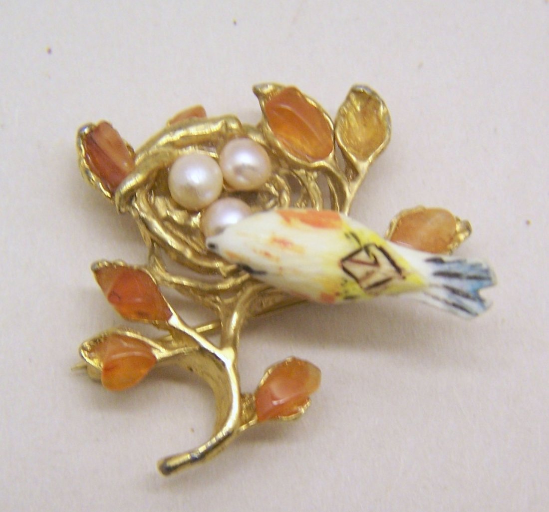 Swoboda akoya pearl ivory carnelian bird nest brooch: measures 1 3/8" long by 1 9/16" wide, crafted 23x7mm carved ivory bird, 4mm akoya pearl & carnelian chips, missing one carnelian, weights 10 grams, in good condition, signed swo inc
