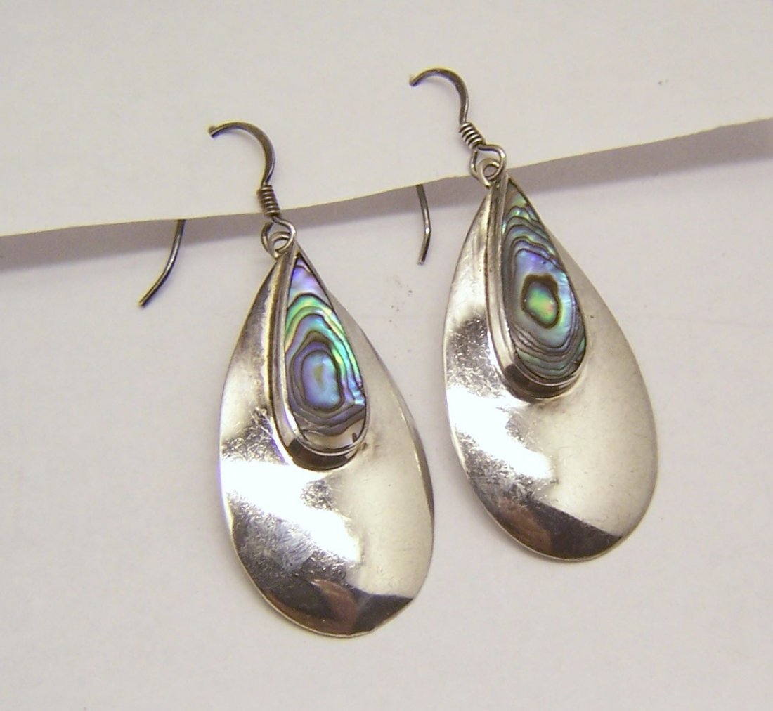 ND modernist sterling silver abalone dangle earrings: measures 2" long 20x17mm drop shape abalone, weights 7.5 grams, marked ND 925, in great condition