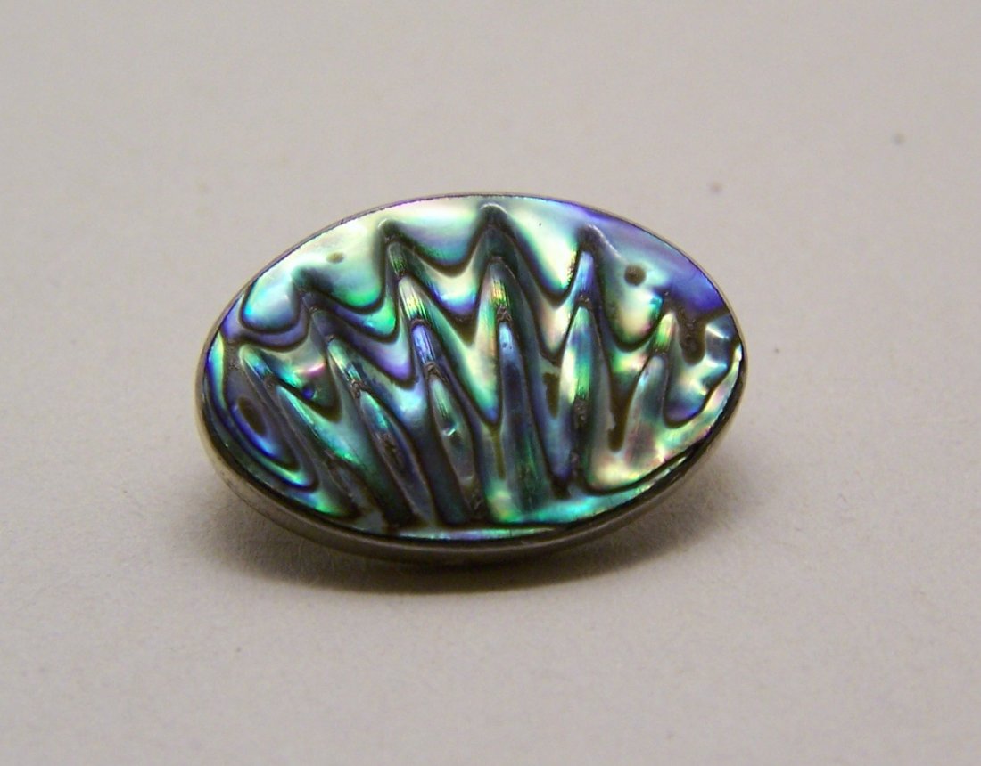 vintage sterling silver carved abalone brooch pin: measures 7/8" long by 9/16" wide, crafted 20x14mm carved abalone, weights 2.8 grams, sterling sterling , in good condition.