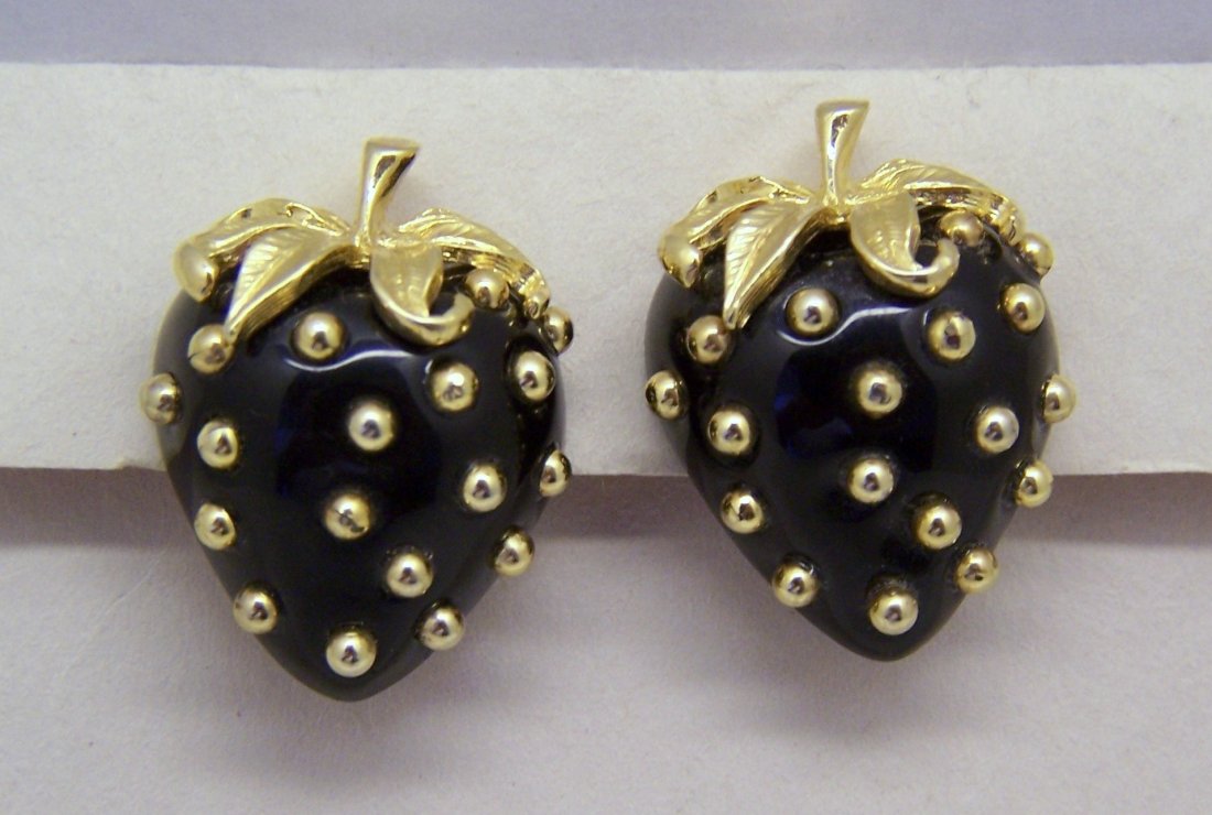 Kenneth Jay lane Black gold studs Strawberry Earrings: measures 1 7/16" long by 1 1/16" wide, weights 26.22 grams, signed Kenneth Lane, in great condition