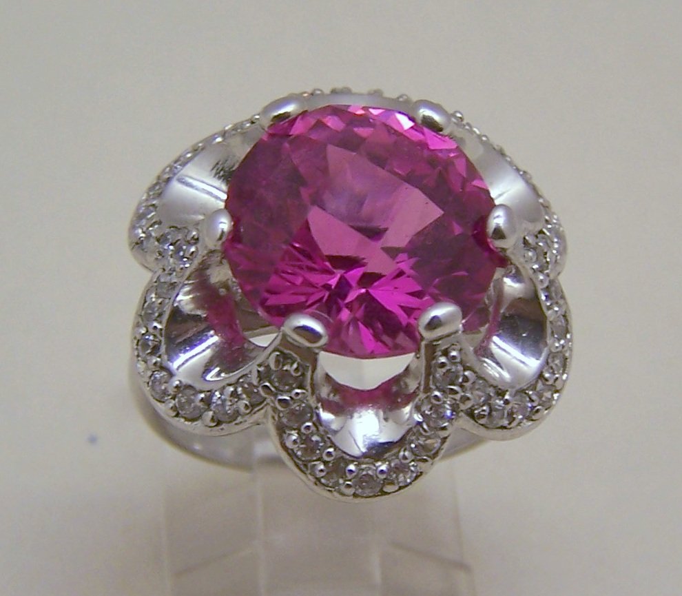 sterling silver ruby white topaz cocktail ring: top of the ring measures 7/8" long by 7/8" wide, crafted with 12mm ruby color topaz & 1mm white topaz, sz 6 3/4, weights 8.98 grams, marked 925, in great condition